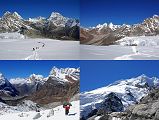 
It took just 35 minutes to descend from Mera High Camp (5770m) to the Mera La (5415m) with views ahead to Peak 41, Makalu and Chamlang. The trail turns left at the Mera La and follows the glacier with views ahead to Malanphulan, and then Kusum Kanguru and Peak 43 Kyashar. The trail descends steeply in slushy slippery snow before reaching the rocks after 25 minutes from the Mera La. The view of Mera Peak from just off the Mera Glacier clearly shows the angle of ascent from Mera High Camp to the Central and North Summits.
